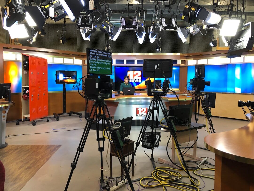 Broadcast studio set with cameras and lighting